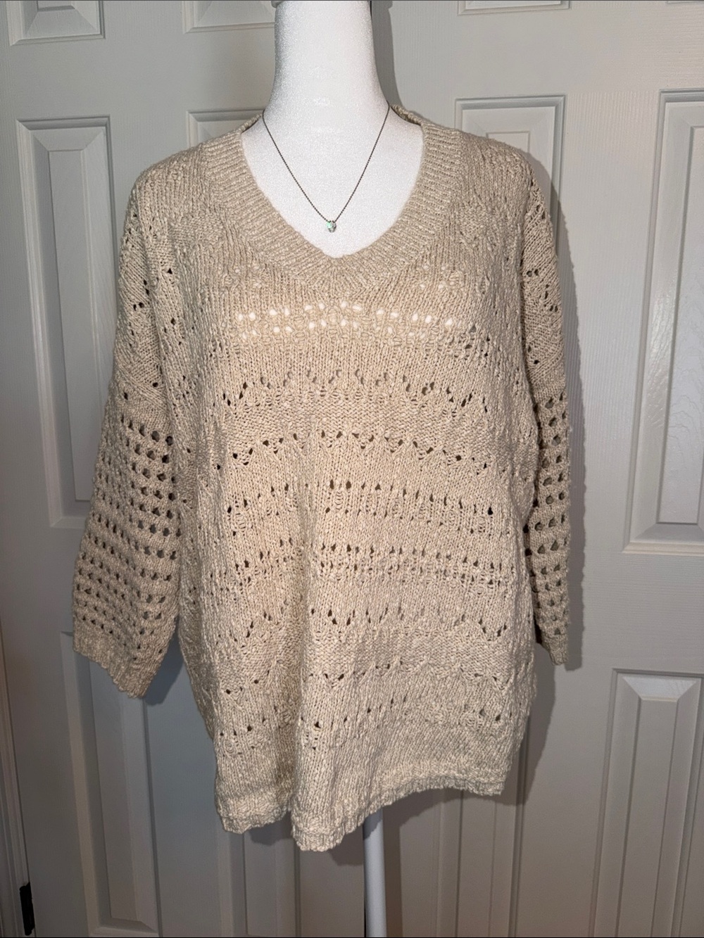 CAbi Cream Open-Knit V-Neck Sweater
